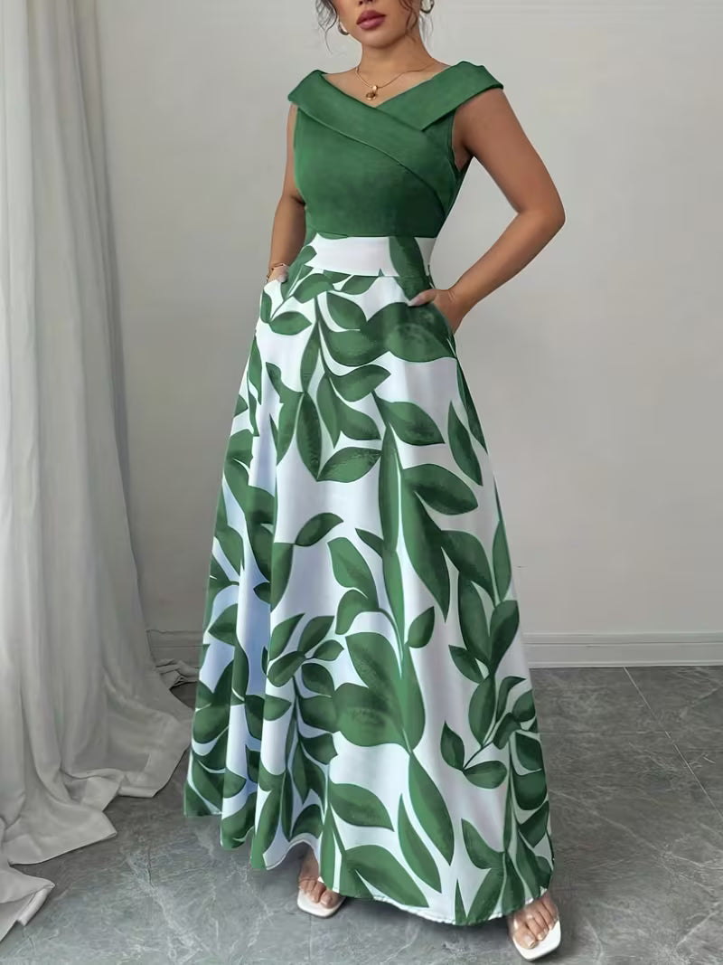 Elegant V-Neck Floral Print A-Line Maxi Dress with Pockets