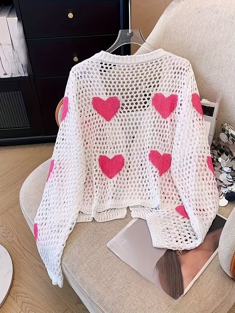 Stylish White Heart Pattern Cardigan