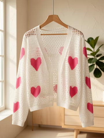 Stylish White Heart Pattern Cardigan