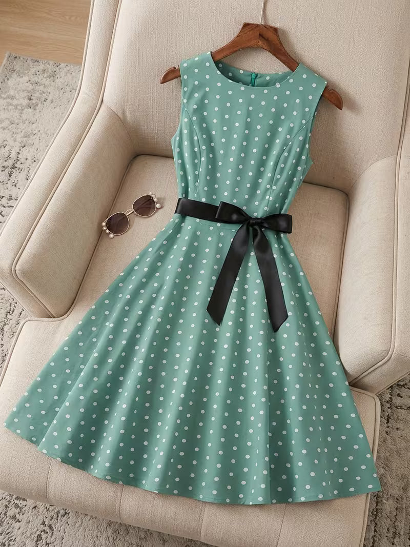 Dot Retro Dress – Sleeveless Vacation Party Dress for Spring &amp; Summer
