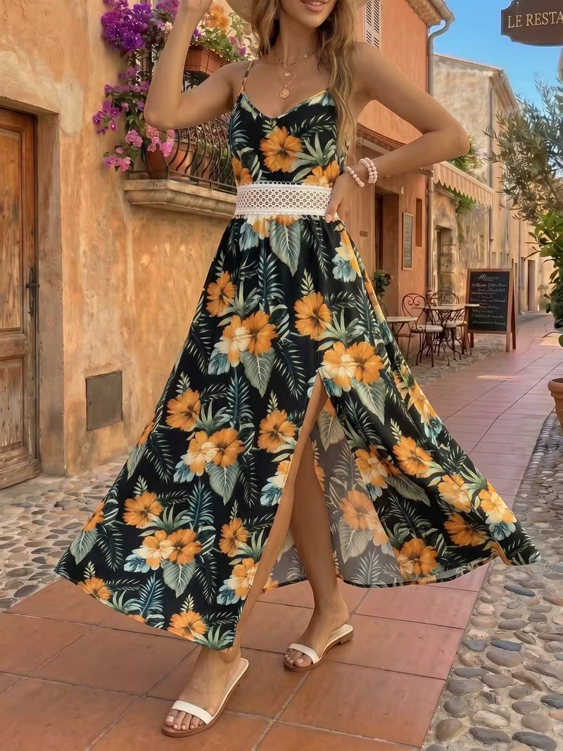 Women's Floral Print Sleeveless Maxi Dress – V-Neck High-Low Summer Dress