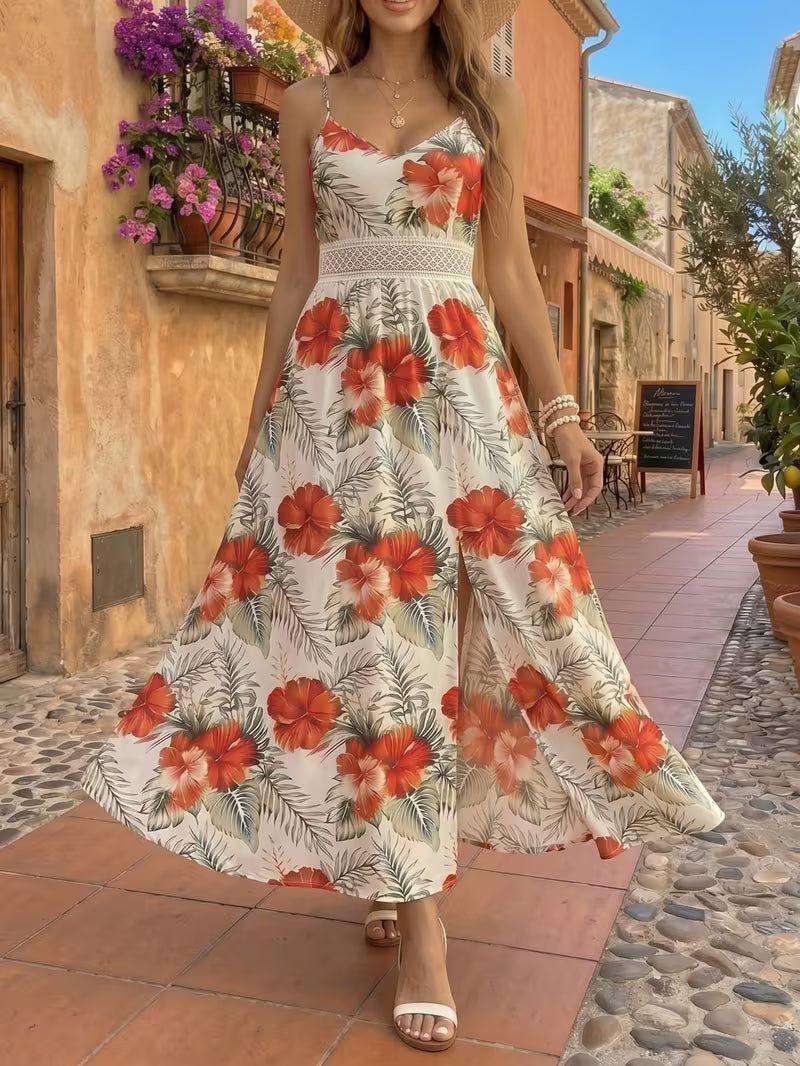 Women's Floral Print Sleeveless Maxi Dress – V-Neck High-Low Summer Dress