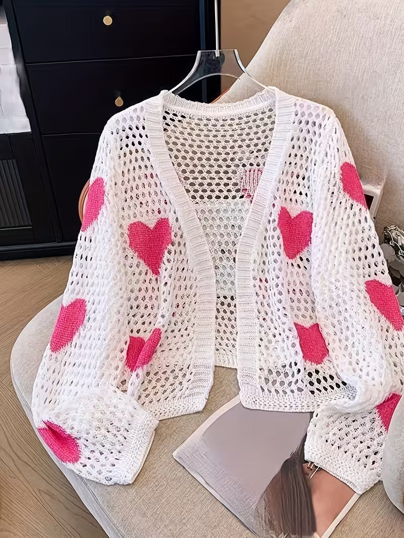 Stylish White Heart Pattern Cardigan