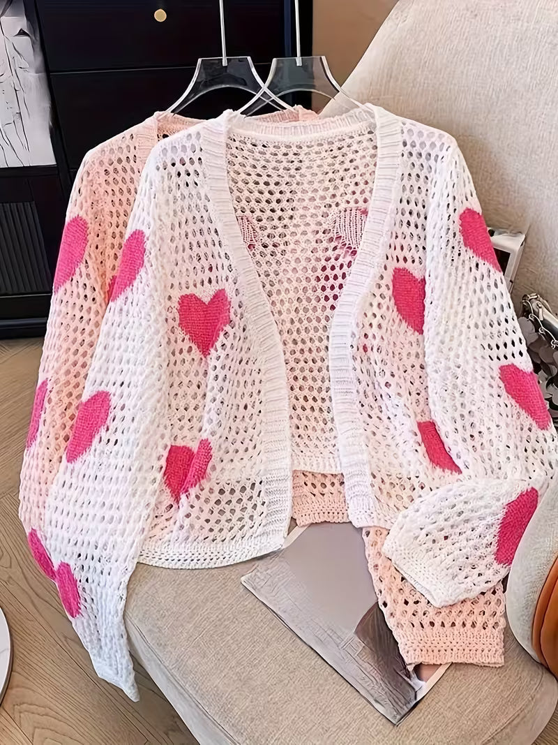 Stylish White Heart Pattern Cardigan