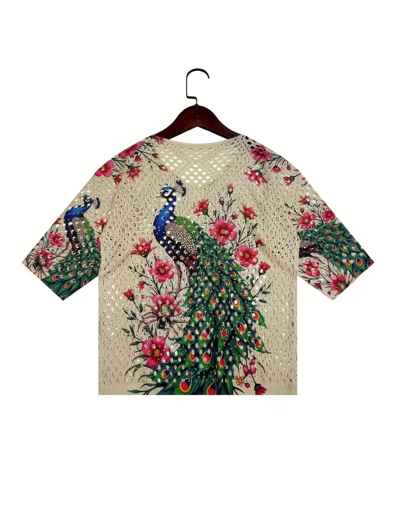 Bohemian Peacock Print Crochet Cover-Up Top