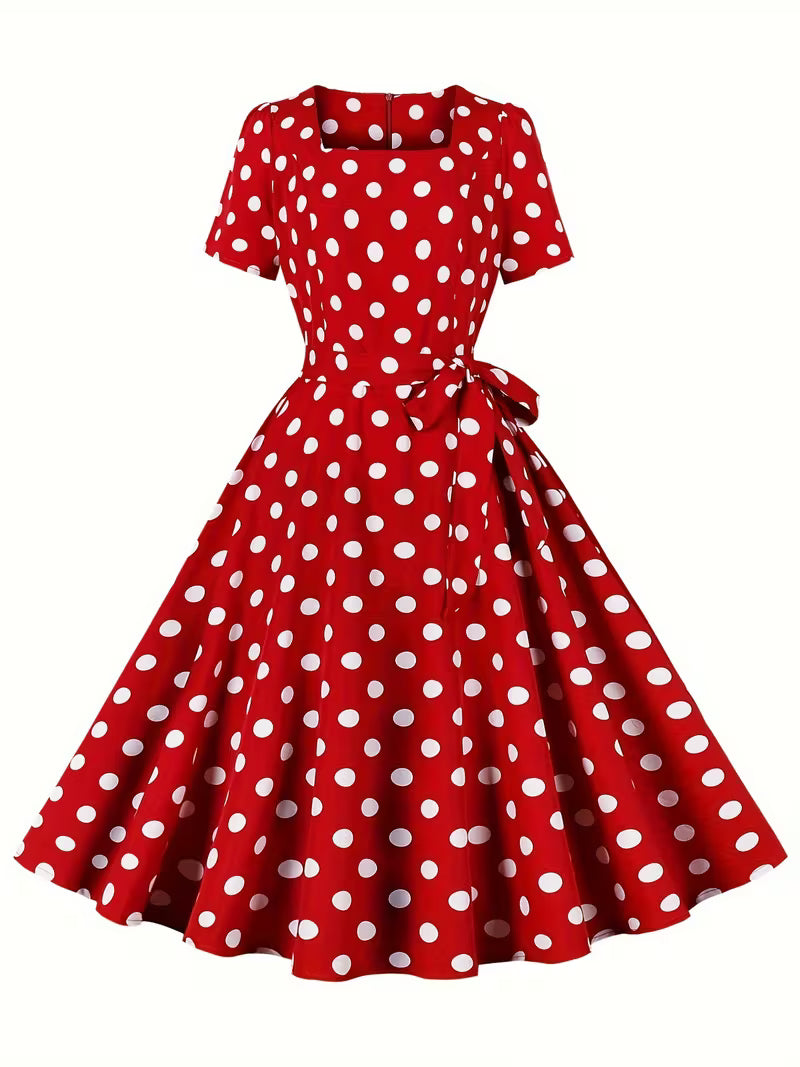 Polka Dot Square Neck Dress – Vintage Short Sleeve A-Line Party Dress