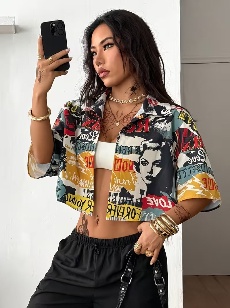 Women's Vintage Graphic Print Cropped Shirt